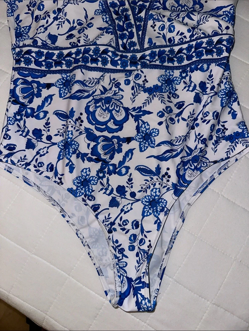 Blue Floral One-Piece Swimsuit with V-Neck and Ruffle Shoulders